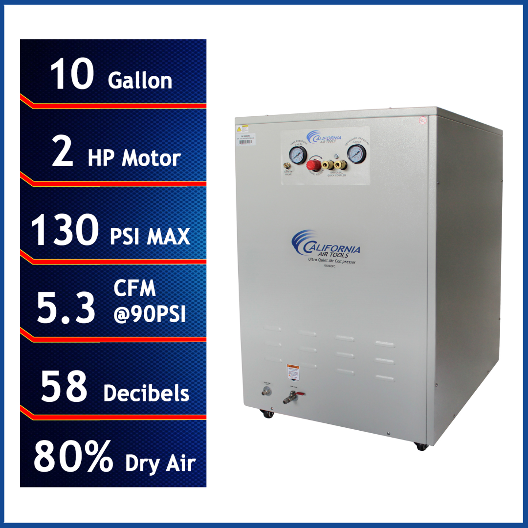 California Air Tools 10020DSPC Powerful 2.0 Hp Ultra Quiet Oil-Free Air Compressor with 80 percent air dryer in soundproof cabinet specs panel