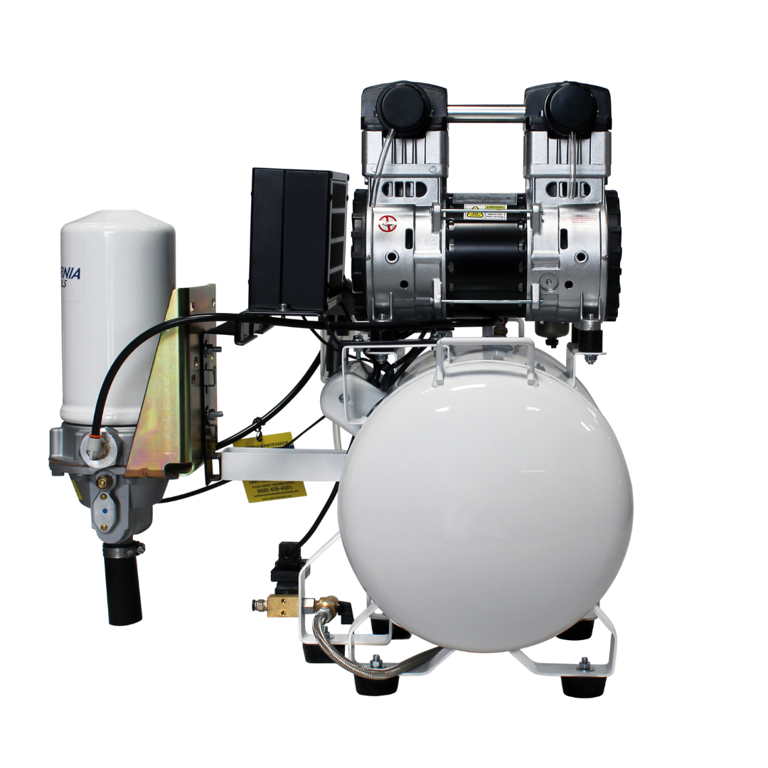 California Air Tools 10020HDCADC 10 Gallon Oil-Free Air Compressor dual piston pump and air dryer assembly side view