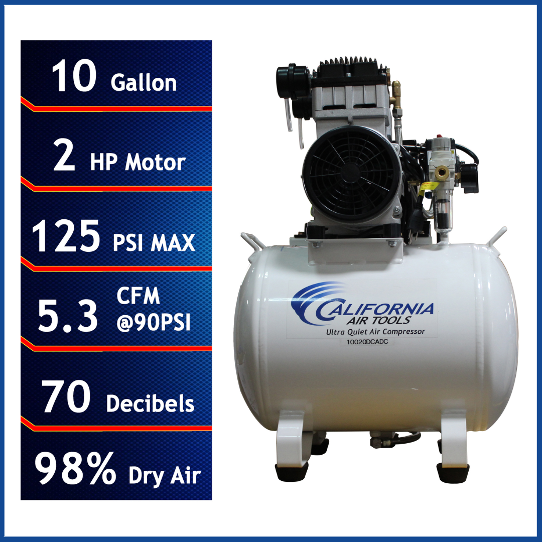 California Air Tools 10020HDCADC Powerful 2.0 Hp Ultra Quiet Oil-Free 10 Gallon Air Compressor with 98% air dryer front view with performance specs