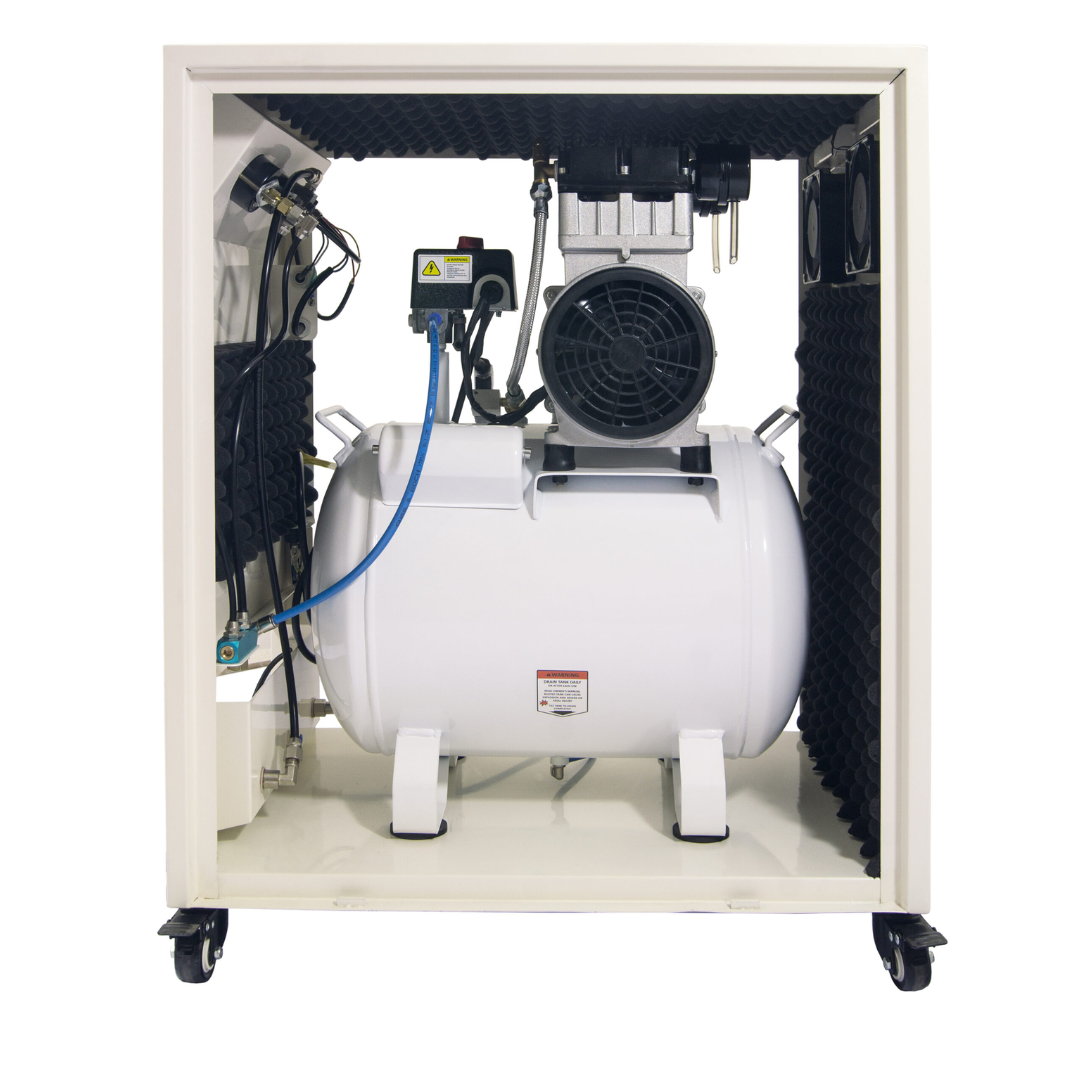 California Air Tools 10020SPC Ultra Quiet 2.0 Hp Oil-Free 10 Gallon Air Compressor rear view inside soundproof cabinet showing motor and dual fan system