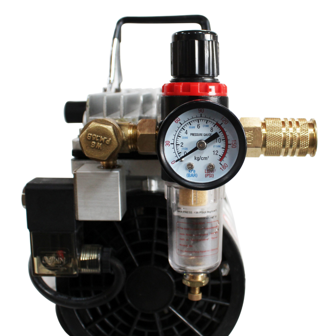 California Air Tools 10TL Ultra Quiet 1.0 Hp Oil-Free Tankless Air Compressor with regulator and pressure gauge detail view