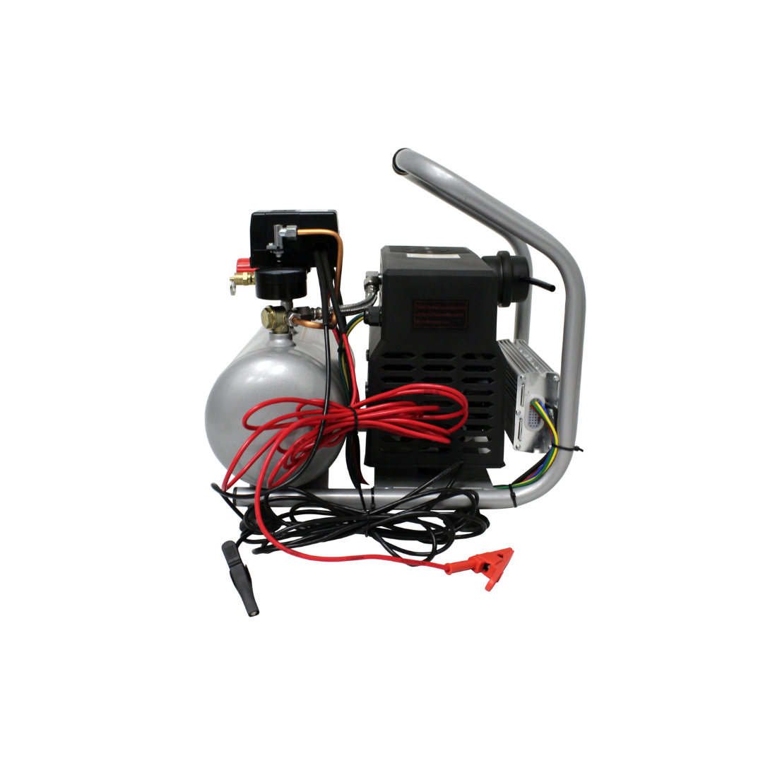 California Air Tools 12 Volt Light & Quiet 12V1P10S Portable Air Compressor rear view with wiring and components visible