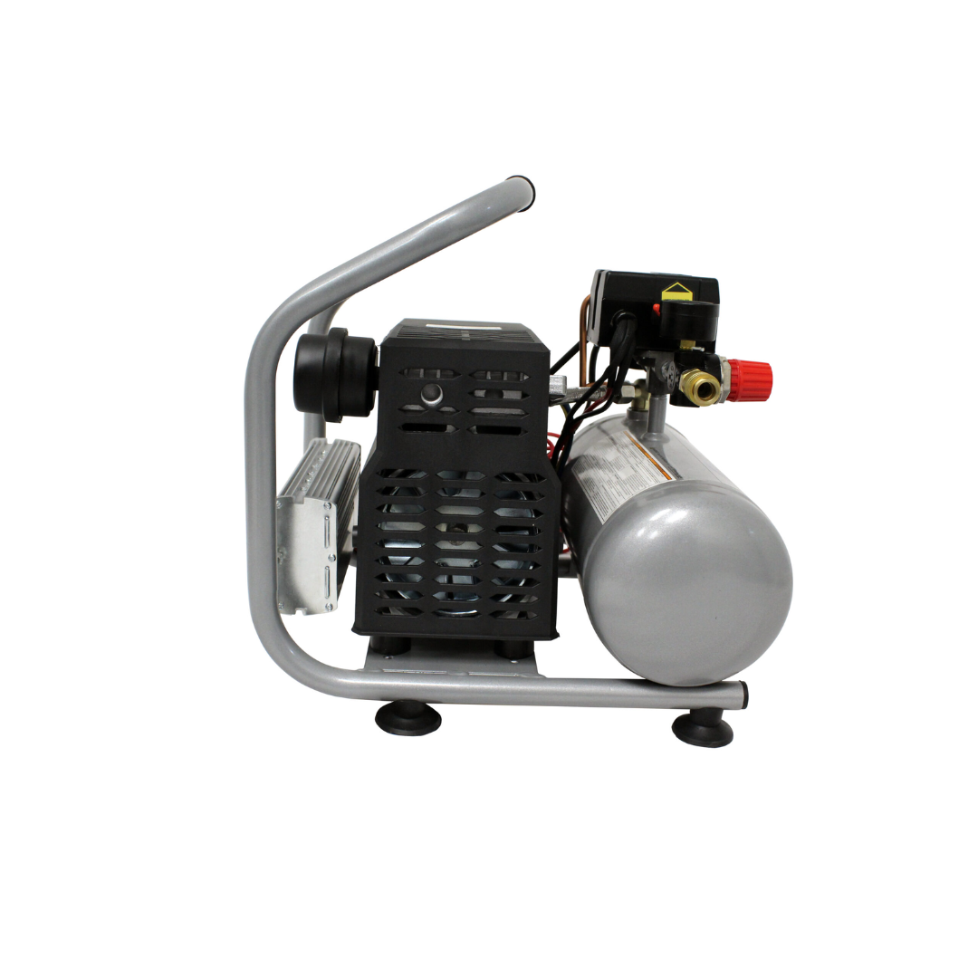 California Air Tools 12 Volt Light & Quiet 12V1P10S Portable Air Compressor side profile showing motor and tank assembly