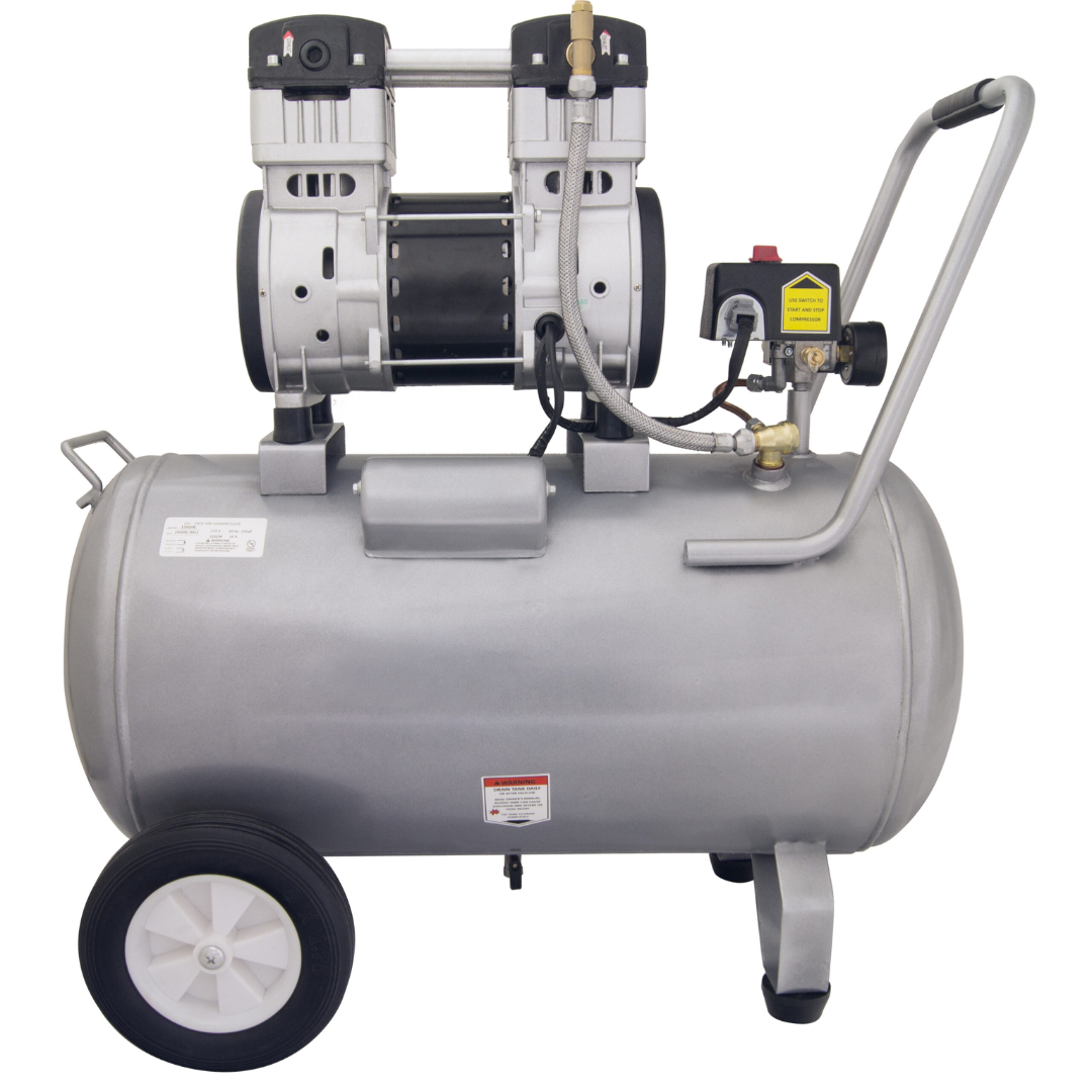 California Air Tools 15020C Ultra Quiet 2.0 Hp 15 Gallon Air Compressor front view with dual motor system and tank