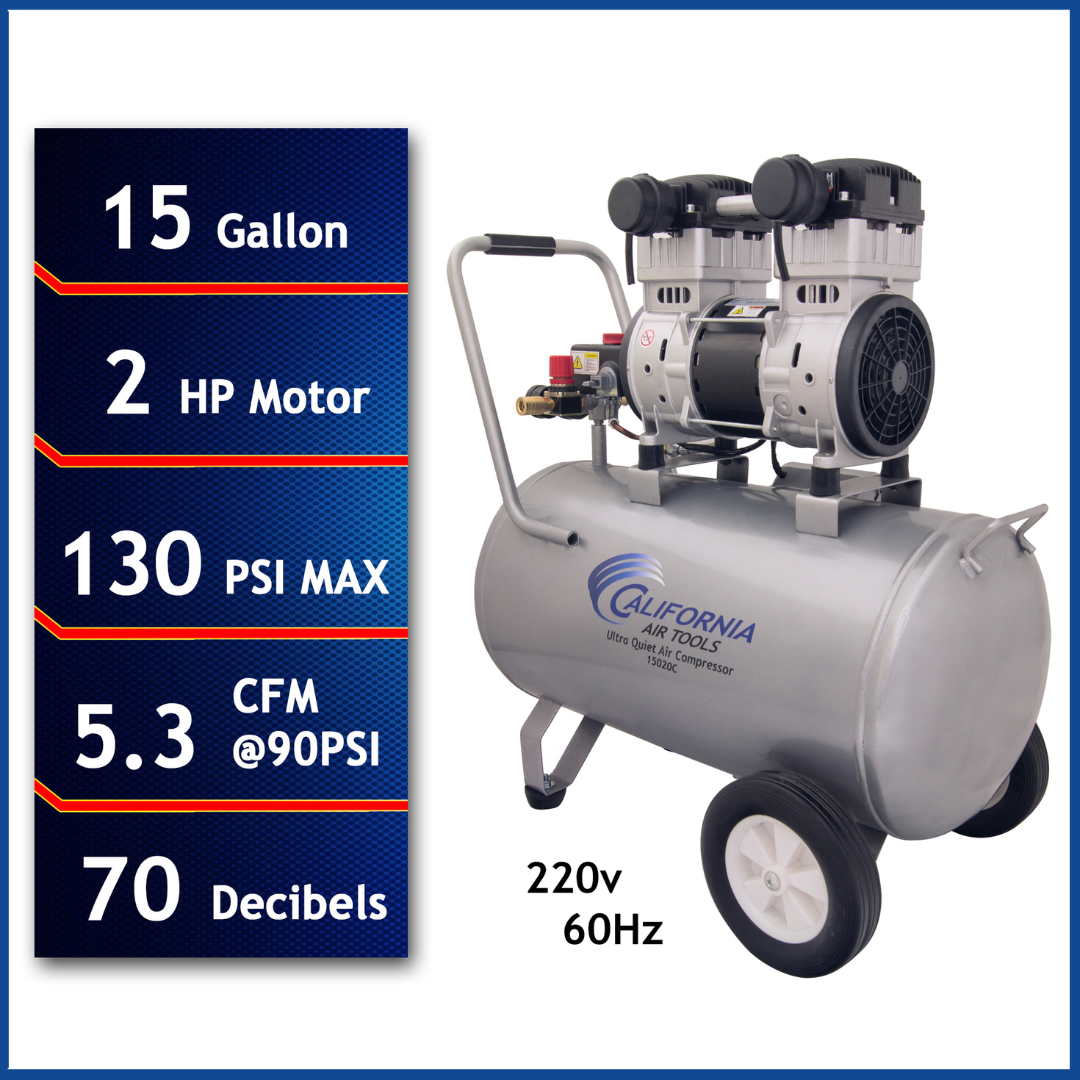 California Air Tools 15020C Ultra Quiet 2.0 Hp 15 Gallon Oil-Free Air Compressor with 130 PSI and 70 decibel performance specs displayed.