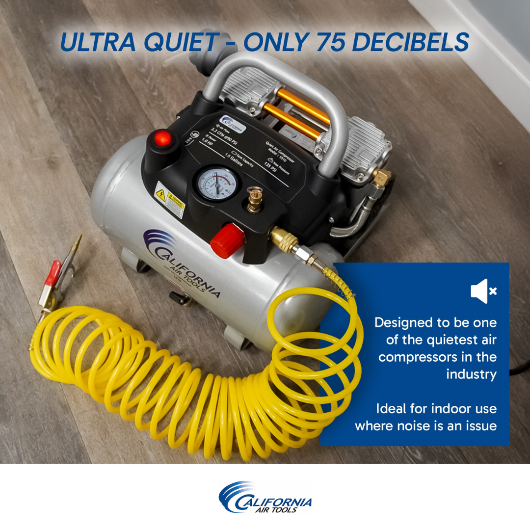 California Air Tools 1510 Quiet Air Compressor used in multiple environments including garage and jobsite