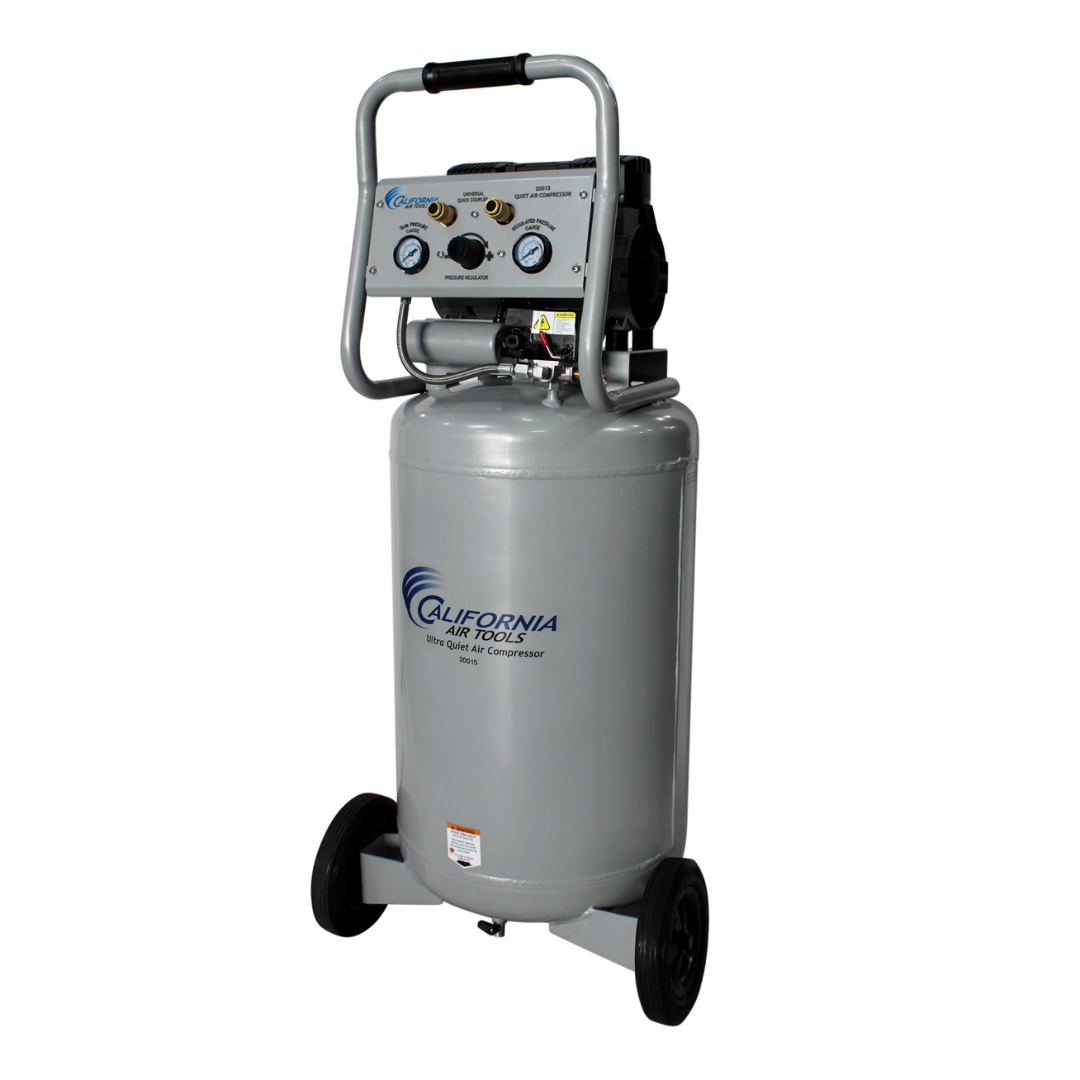 California Air Tools 20015 Ultra Quiet 1.5 Hp 20 Gallon Air Compressor angled view showing motor and tank assembly