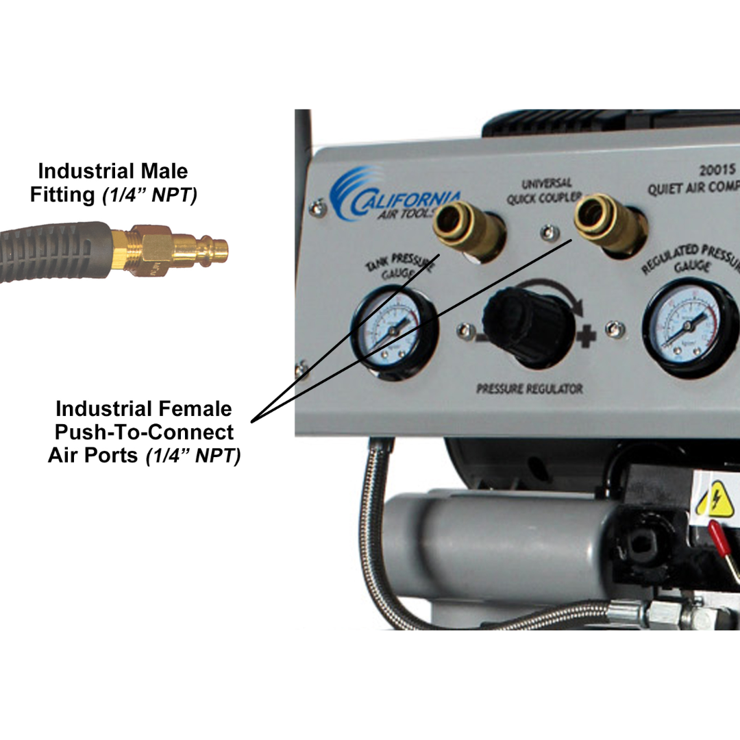 California Air Tools 20015 Ultra Quiet 1.5 Hp 20 Gallon Air Compressor control panel close-up with gauges and switches
