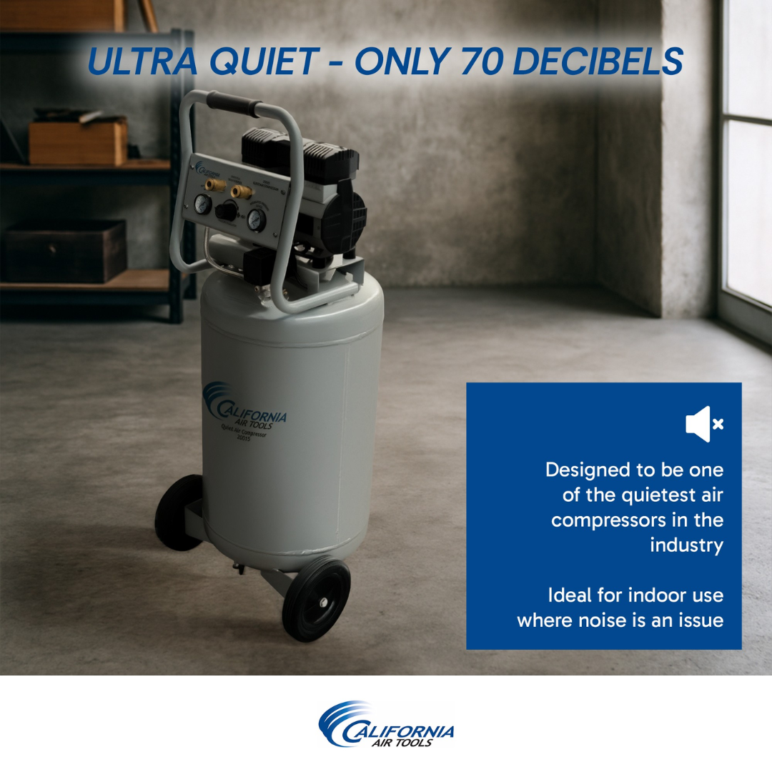 California Air Tools 20015 Ultra Quiet 1.5 Hp 20 Gallon Air Compressor noise level chart highlighting 70 dB operation