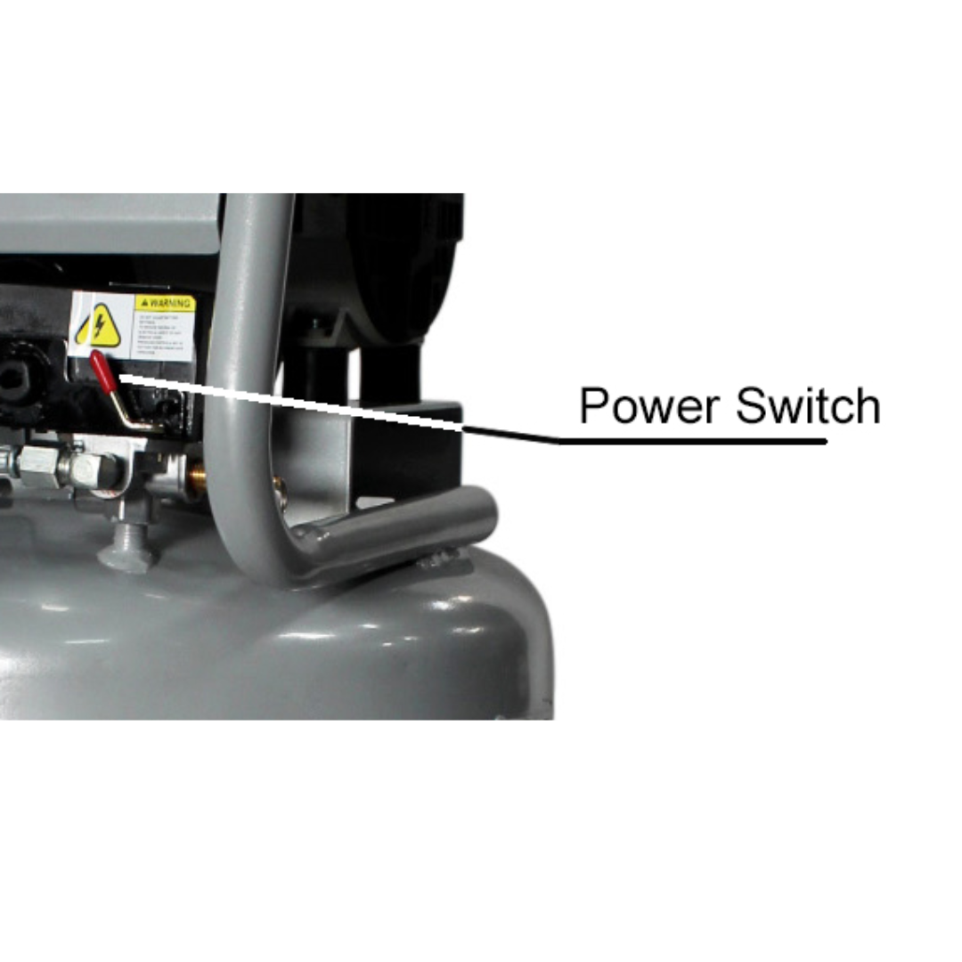 California Air Tools 20015 Ultra Quiet 1.5 Hp 20 Gallon Air Compressor power switch detail view