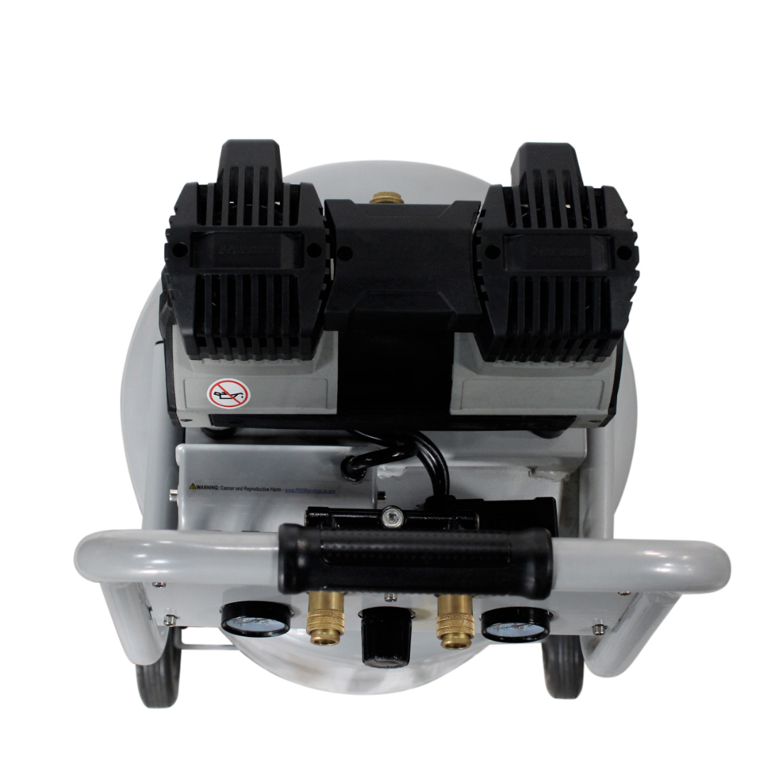 California Air Tools 20015 Ultra Quiet 1.5 Hp 20 Gallon Air Compressor rear view showing dual piston motor system