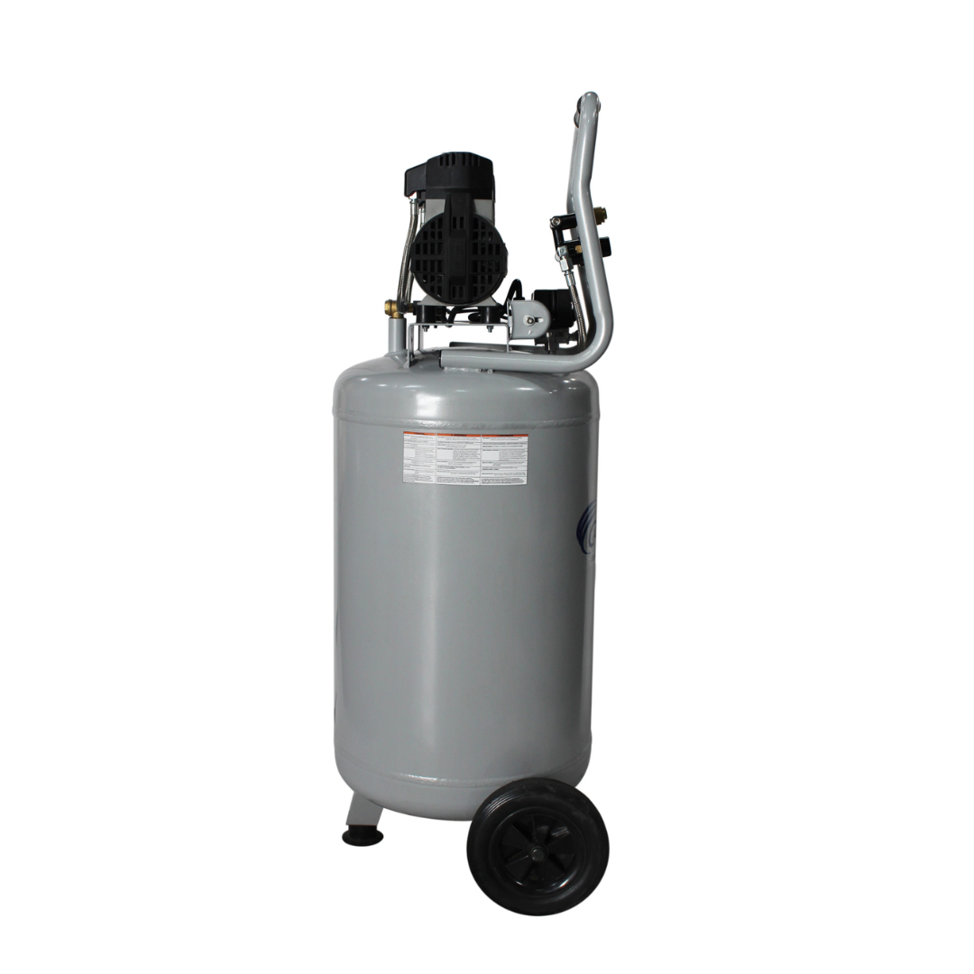 California Air Tools 20015 Ultra Quiet 1.5 Hp 20 Gallon Air Compressor side view with wheels and handle for portability