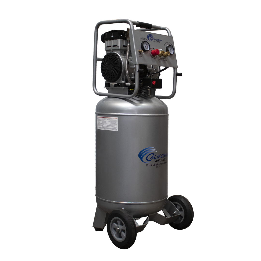 California Air Tools 20020AD Ultra Quiet 20-Gallon Air Compressor angled front view displaying compact portable design