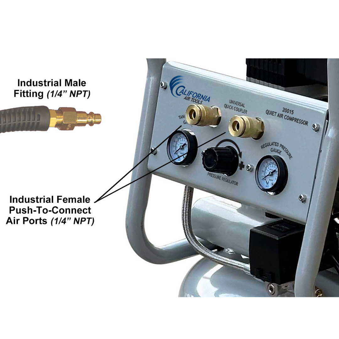 California Air Tools 20020AD Ultra Quiet 20-Gallon Air Compressor control panel with gauges, regulator, and quick-connect outlets