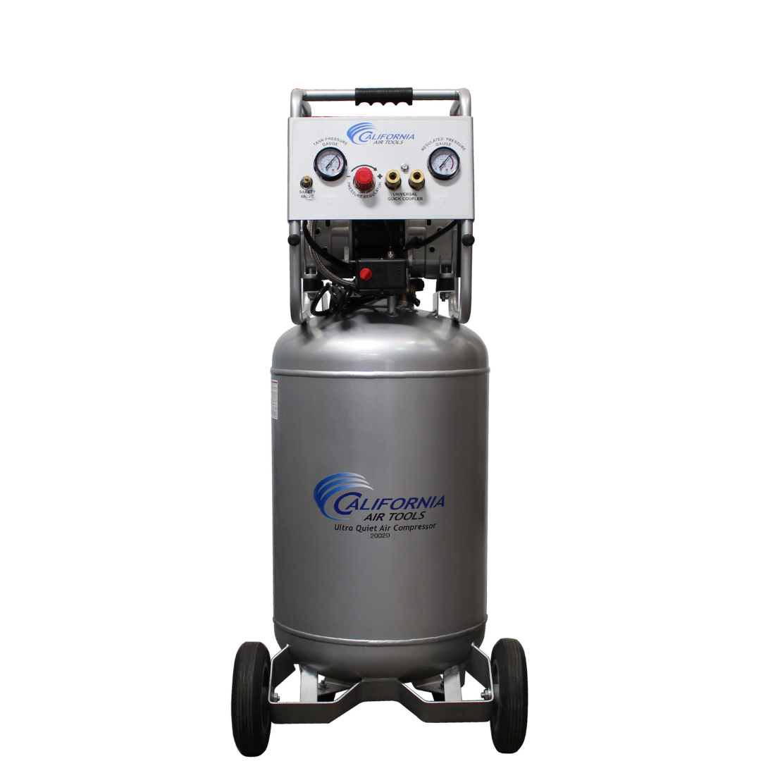 California Air Tools 20020AD Ultra Quiet 20-Gallon Air Compressor full product view with vertical tank and wheel mobility