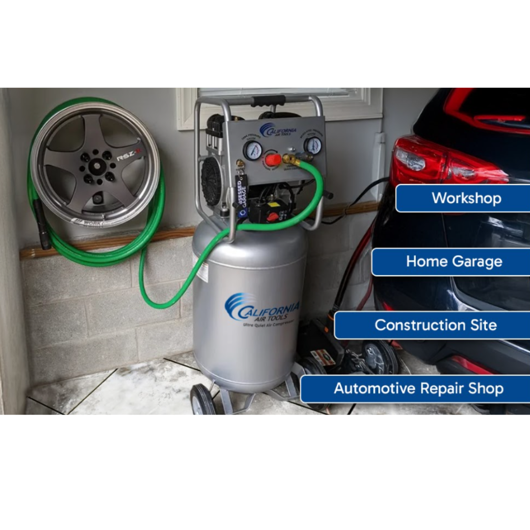 California Air Tools 20020AD Ultra Quiet 20-Gallon Air Compressor internal component view showing wiring and pressure system