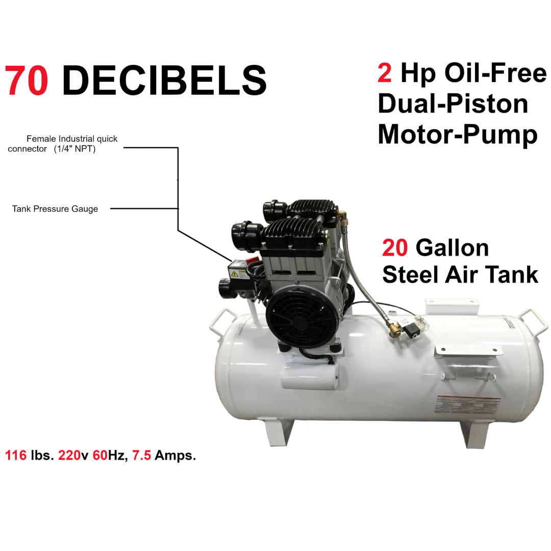 California Air Tools 20020CTR Ultra Quiet 20-Gallon Horizontal Air Compressor highlighting noise reduction at 70 dB with oil-free pump