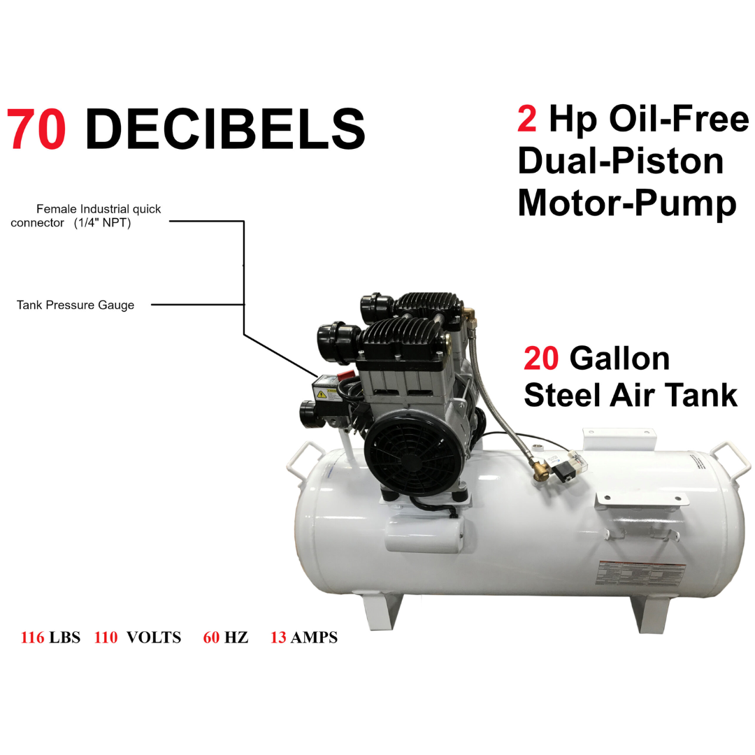 California Air Tools 20020CTR Ultra Quiet 20-Gallon Horizontal Air Compressor illustrating 70 decibel ultra-quiet operation and dual piston system