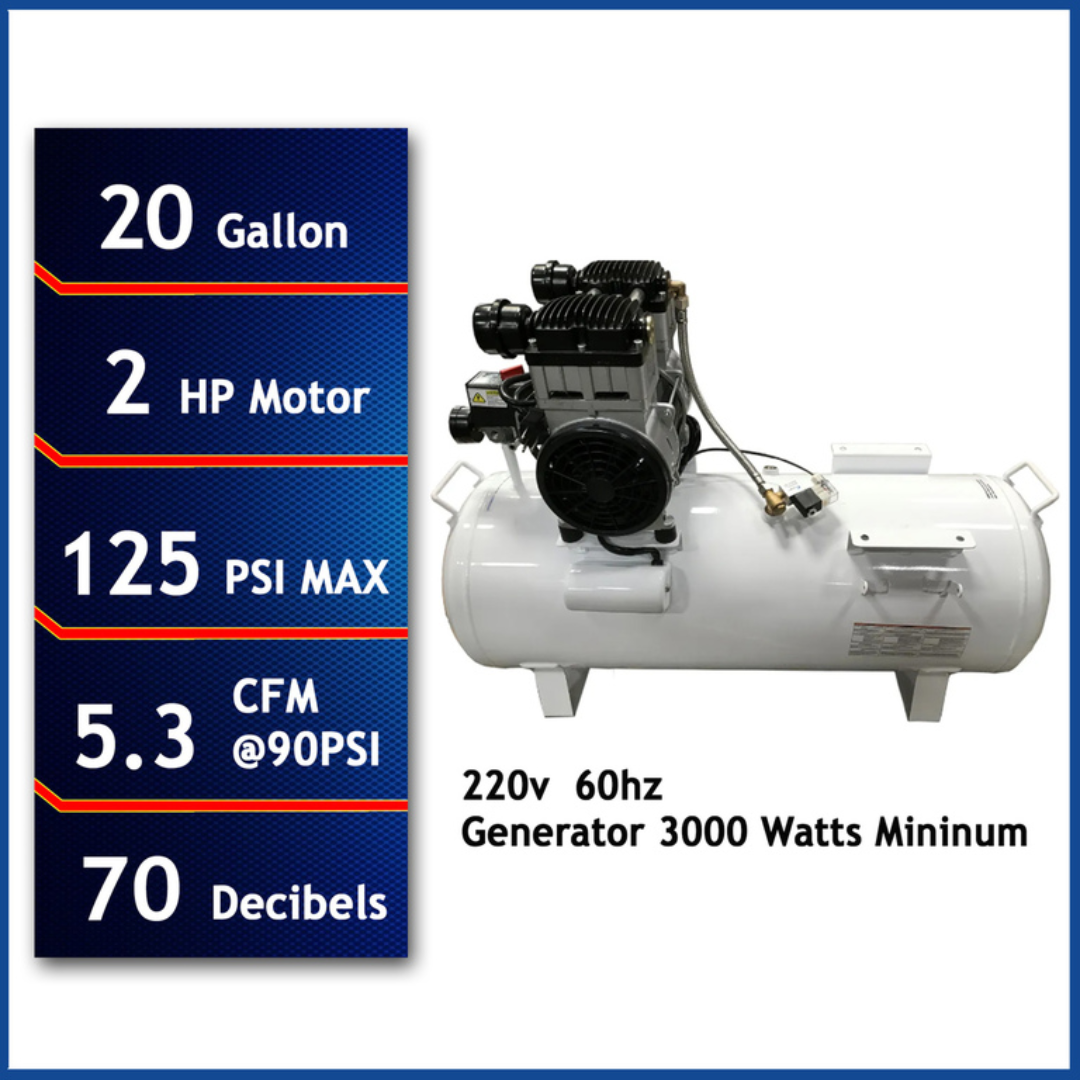 California Air Tools 20020CTR Ultra Quiet 20-Gallon Horizontal Air Compressor specification graphic showing 20-gallon tank and airflow ratings