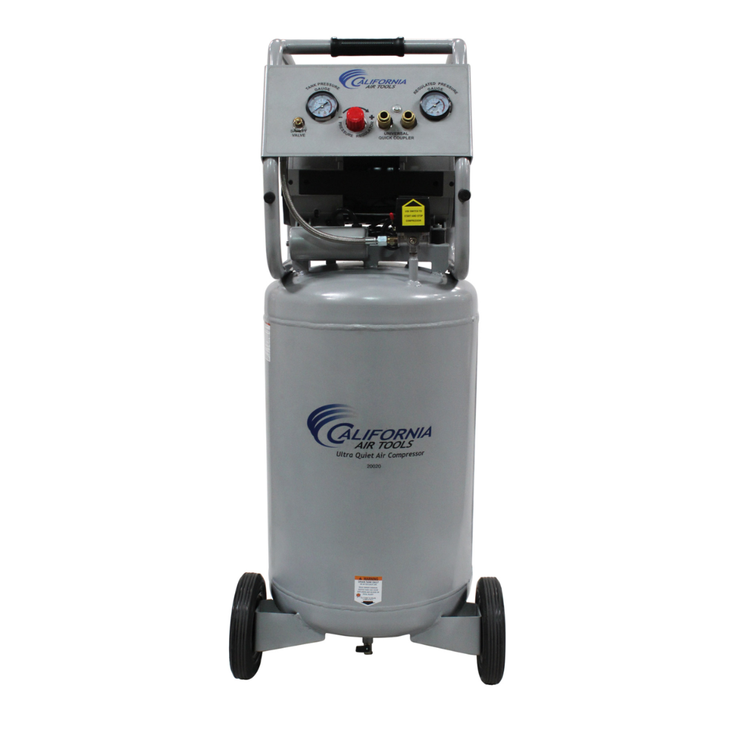 California Air Tools 20020 Ultra Quiet 2.0 Hp 20 Gallon Air Compressor front vertical tank view with control panel