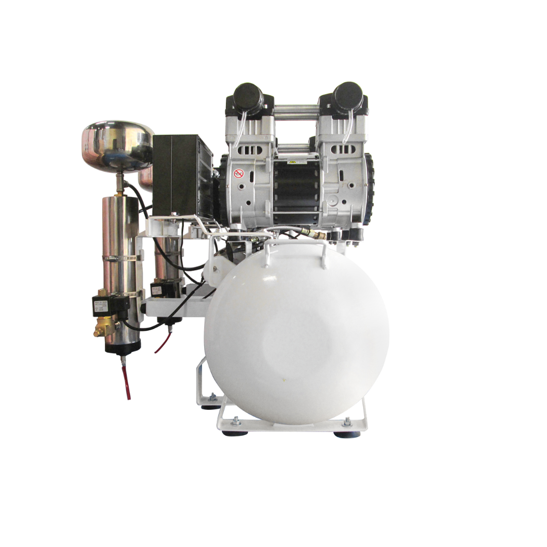 California Air Tools 20040DC Powerful 4.0 Hp Ultra Quiet & Oil-Free Air Compressor with 80% Air Drying System full unit side view with tank and drying assembly