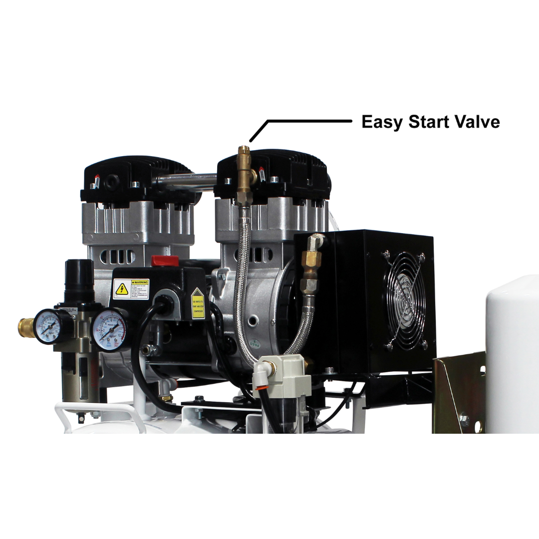 California Air Tools 20040DSMADC Powerful 4.0 Hp SMART Ultra Quiet & Oil-Free 20 Gallon Air Compressor with close-up of automatic drain valve system.