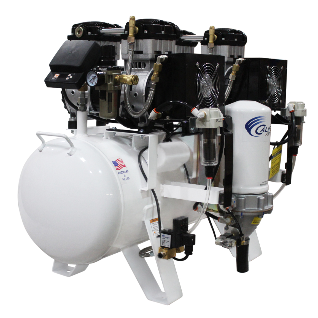 California Air Tools 20040DSMADC Powerful 4.0 Hp SMART Ultra Quiet & Oil-Free 20 Gallon Air Compressor with dual motor and tank design front angle.