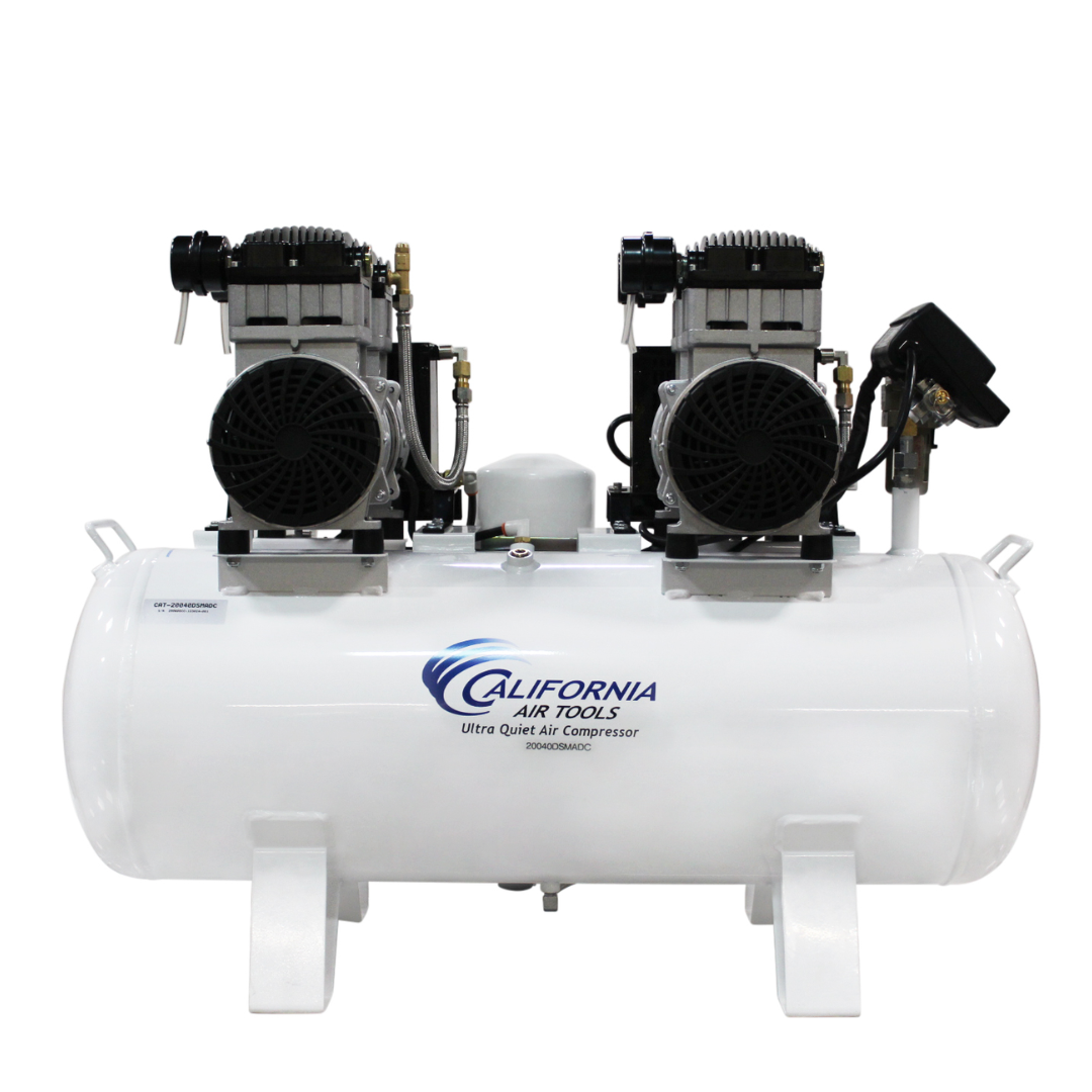 California Air Tools 20040DSMADC Powerful 4.0 Hp SMART Ultra Quiet & Oil-Free 20 Gallon Air Compressor with dual pump assembly front view