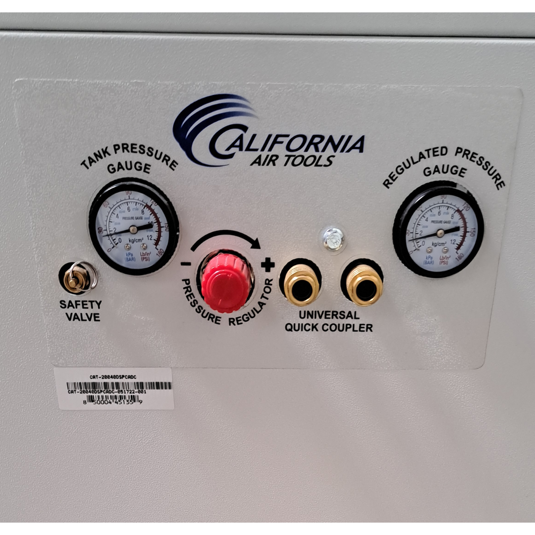 California Air Tools 20040DSPCADC Powerful 4.0 Hp Ultra Quiet & Oil-Free Air Compressor control panel with gauges and switches
