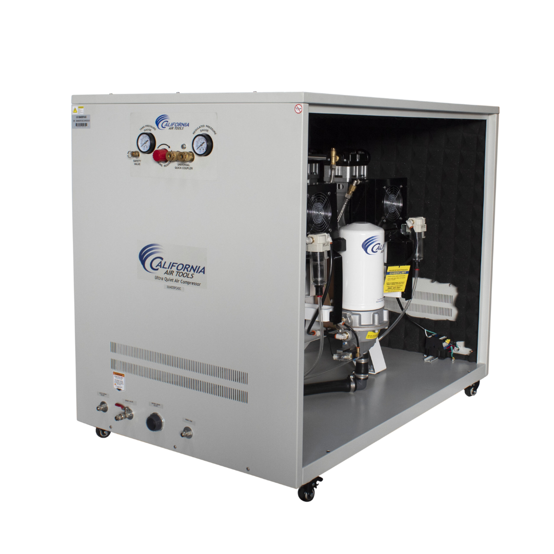 California Air Tools 20040DSPCADC Powerful 4.0 Hp Ultra Quiet & Oil-Free Air Compressor with full soundproof cabinet enclosure front angle