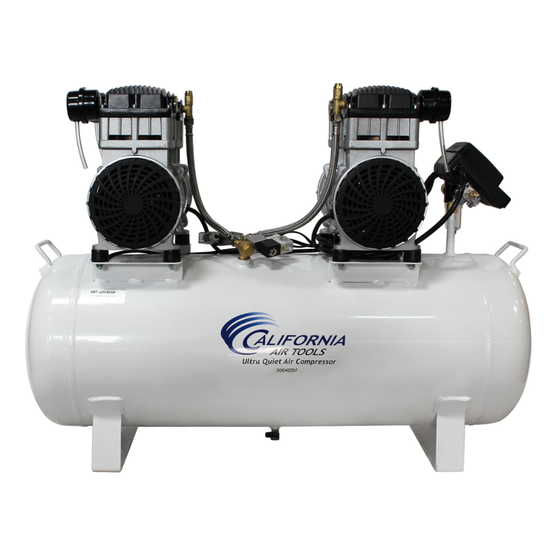 California Air Tools 20040SMAD Powerful 4.0 Hp SMART Ultra Quiet & Oil-Free 20 Gallon Air Compressor with Automatic Drain Valve dual pump front view.