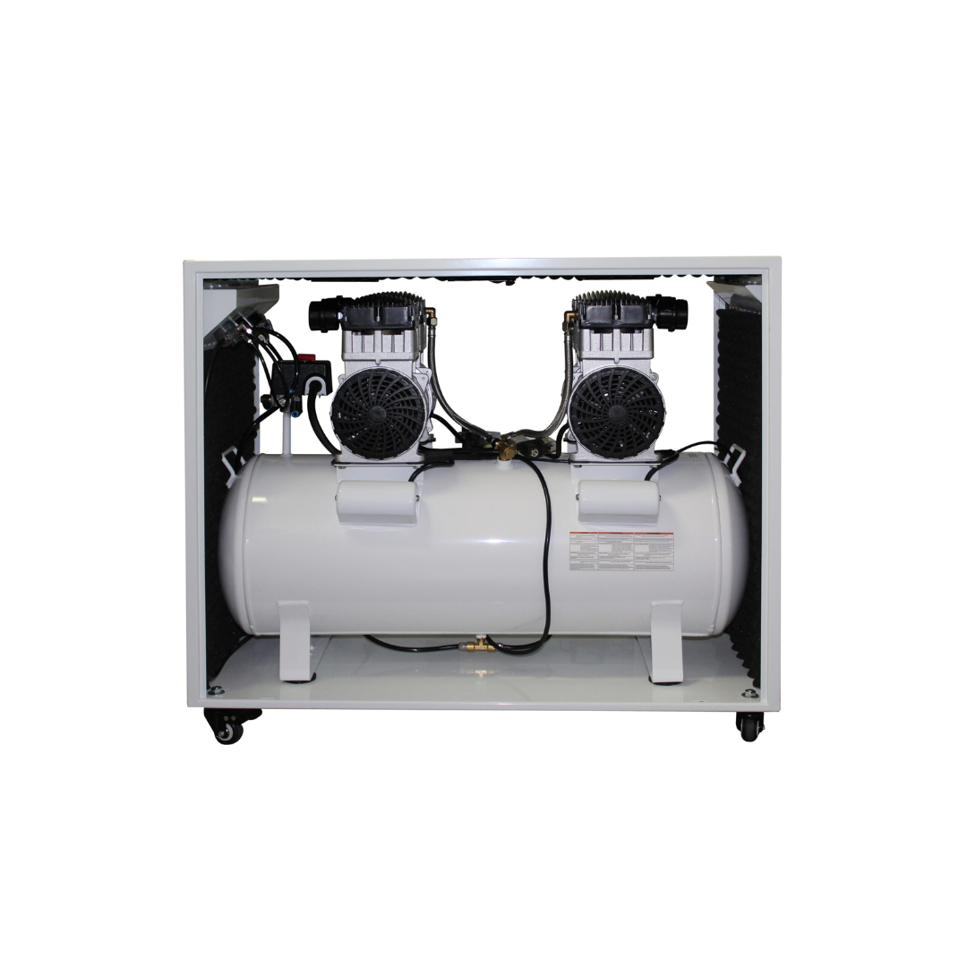 California Air Tools 20040SPCAD Ultra Quiet and Oil-Free 4.0 Hp Air Compressor in Sound Proof Cabinet with Auto Drain Valve front cabinet door open view.