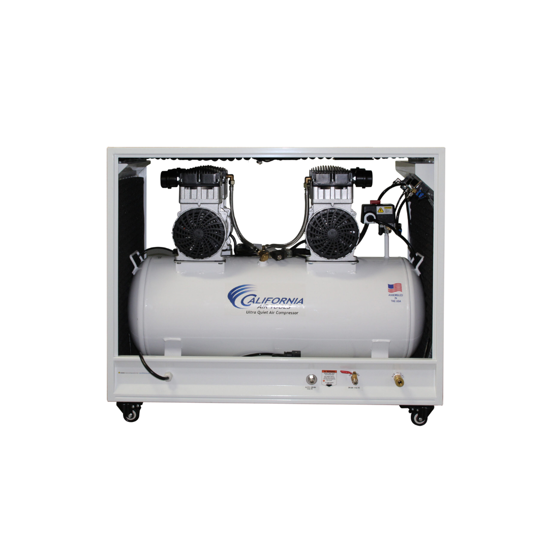 California Air Tools 20040SPCAD Ultra Quiet and Oil-Free 4.0 Hp Air Compressor in Sound Proof Cabinet with Auto Drain Valve front cabinet door open view