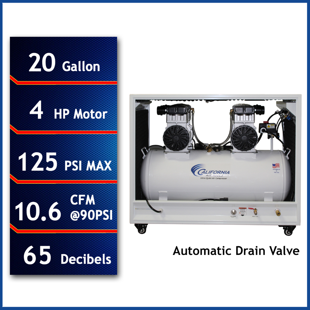 California Air Tools 20040SPCAD Ultra Quiet and Oil-Free 4.0 Hp Air Compressor in Sound Proof Cabinet with Auto Drain Valve front view with key specifications