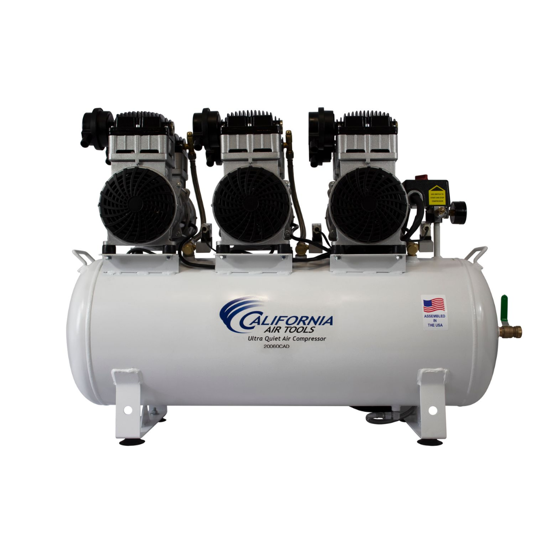 California Air Tools 20060CAD Powerful 6.0 Hp Ultra Quiet & Oil-Free 20 Gallon Air Compressor with Automatic Drain Valve dual pump front view.