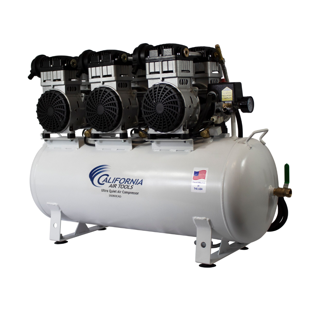 California Air Tools 20060CAD Powerful 6.0 Hp Ultra Quiet & Oil-Free 20 Gallon Air Compressor with Automatic Drain Valve dual pump front view