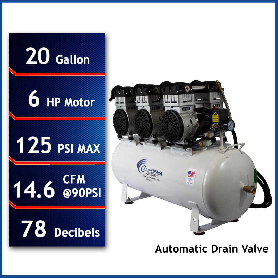 California Air Tools 20060CAD Powerful 6.0 Hp Ultra Quiet & Oil-Free 20 Gallon Air Compressor with Automatic Drain Valve front view with key specifications