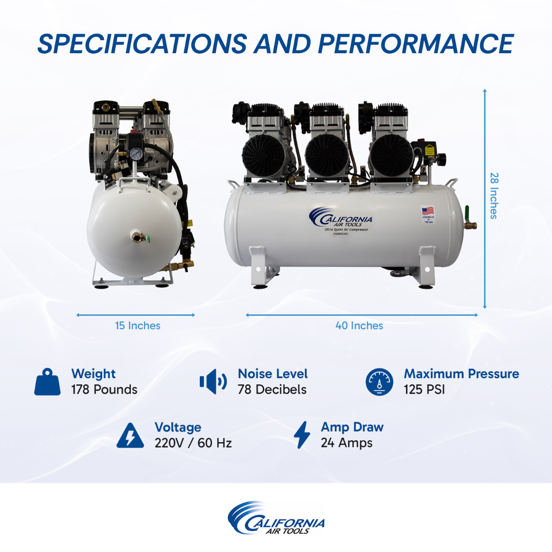 California Air Tools 20060CAD Powerful 6.0 Hp Ultra Quiet & Oil-Free 20 Gallon Air Compressor with Automatic Drain Valve pump and motor configuration detail.