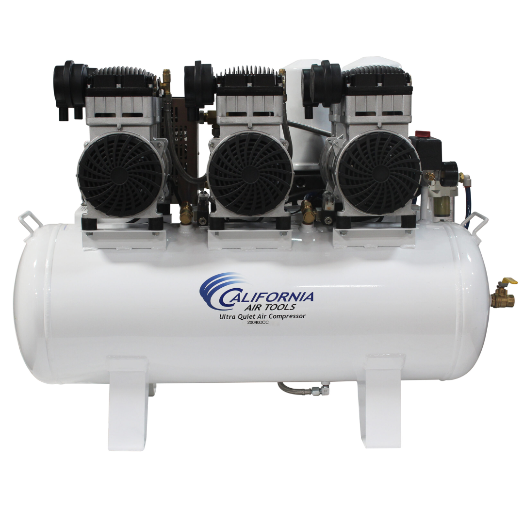 California Air Tools 20060DCC Powerful 6.0 Hp Ultra Quiet, Ultra Dry & Oil-Free 20-Gallon Air Compressor with 98% Air Drying System dual pump configuration front view