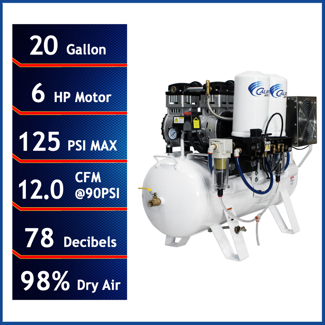 California Air Tools 20060DCC Powerful 6.0 Hp Ultra Quiet, Ultra Dry & Oil-Free 20-Gallon Air Compressor with 98% Air Drying System front view with specifications
