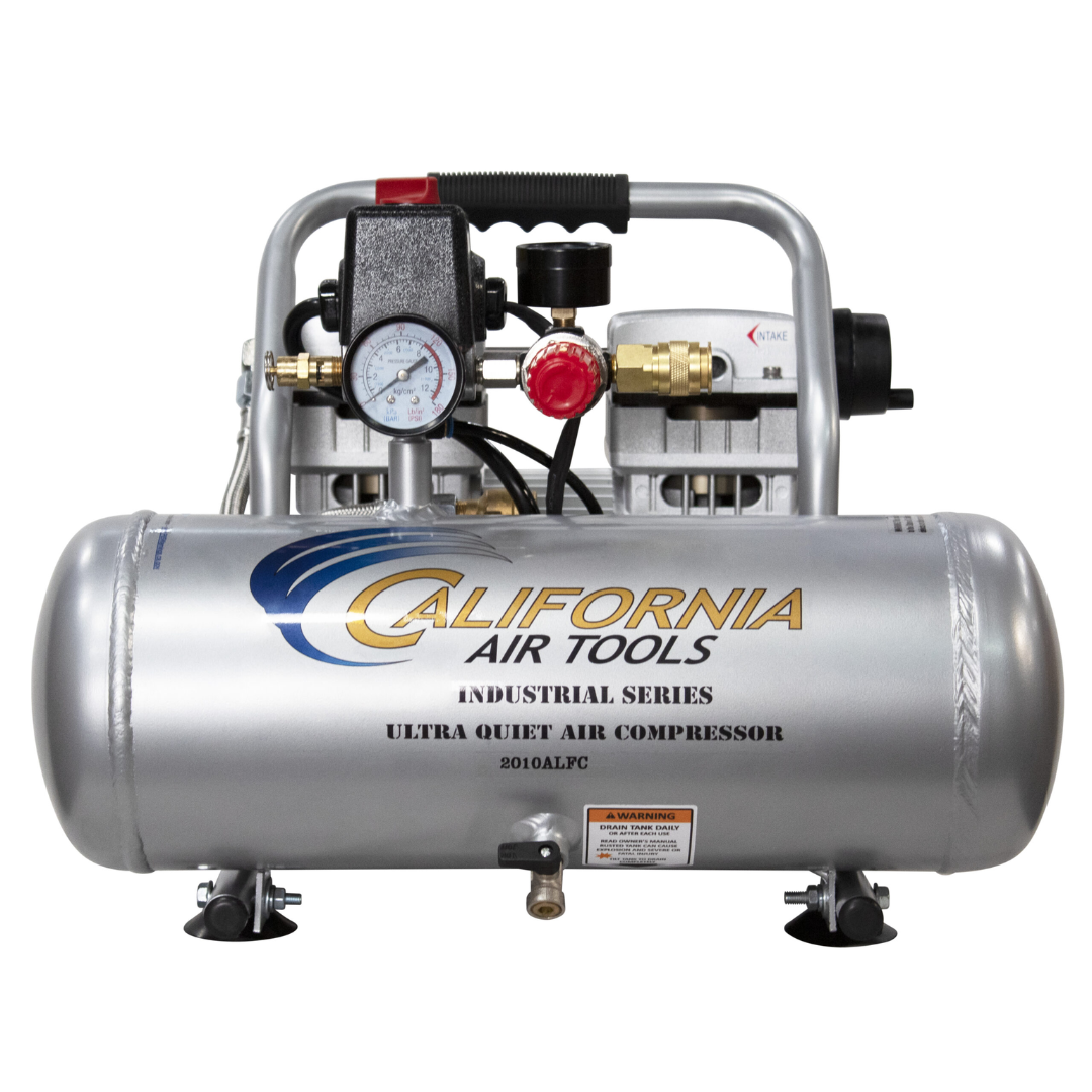 California Air Tools 2010ALFC Ultra Quiet 1.0 Hp, Oil-Free, Lightweight 2-Gallon Air Compressor (Industrial Series) front tank and motor view