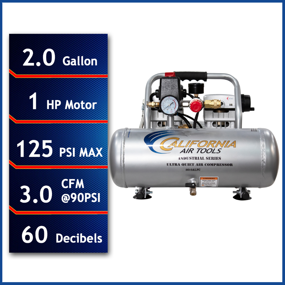 California Air Tools 2010ALFC Ultra Quiet 1.0 Hp, Oil-Free, Lightweight 2-Gallon Air Compressor (Industrial Series) front view with specifications