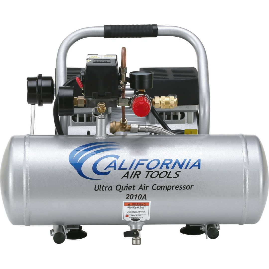 California Air Tools 2010A Ultra Quiet, Oil-Free, Lightweight 1.0 Hp 2 Gallon Air Compressor angled front view with handle