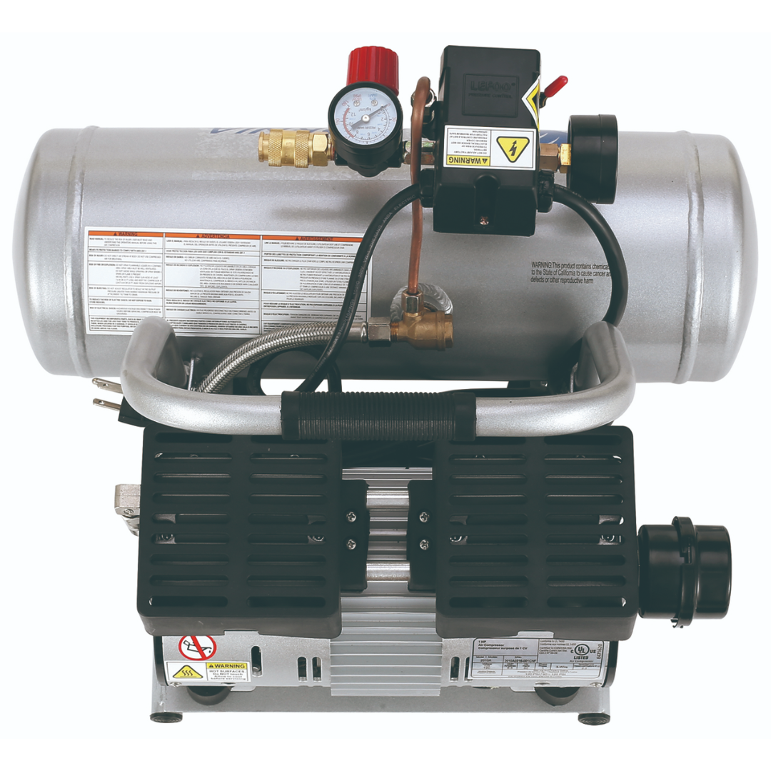 California Air Tools 2010A Ultra Quiet, Oil-Free, Lightweight 1.0 Hp 2 Gallon Air Compressor rear motor and pump assembly