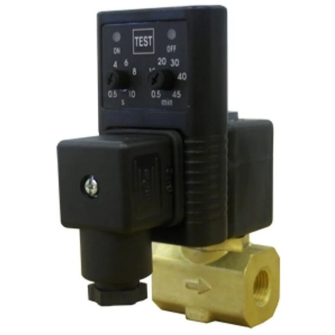 California Air Tools 220V AUTO DRAIN VALVE WITH PLUG EZ-2301-PC brass automatic drain valve with electronic timer mounted on black control housing