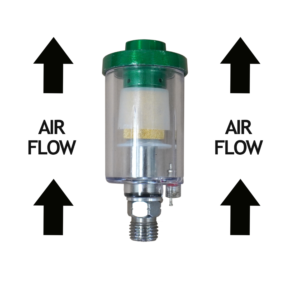 California Air Tools 317 Water (moisture) & Oil Separator Air Filter airflow diagram showing directional arrows for proper compressed air flow through the filter