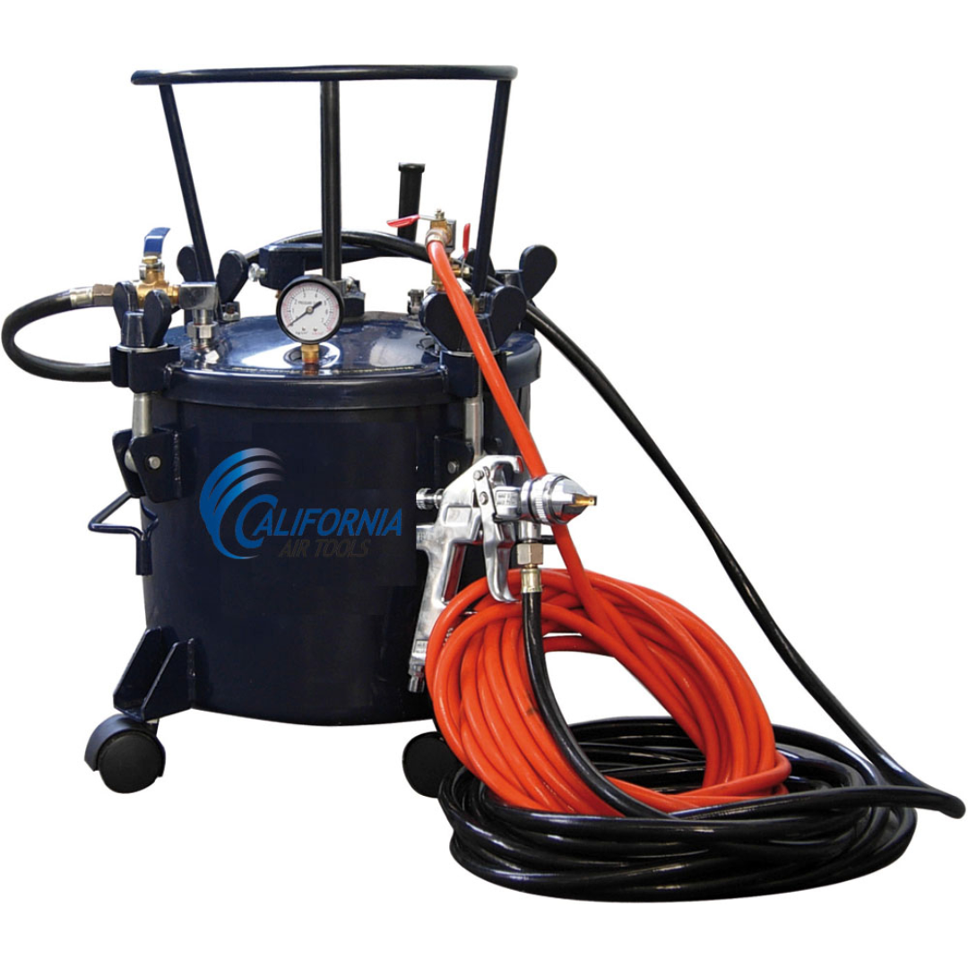 California Air Tools 365 5 Gallon Pressure Pot with HVLP Gun & Hose Kit full system view with spray gun, hoses, and pressurized tank