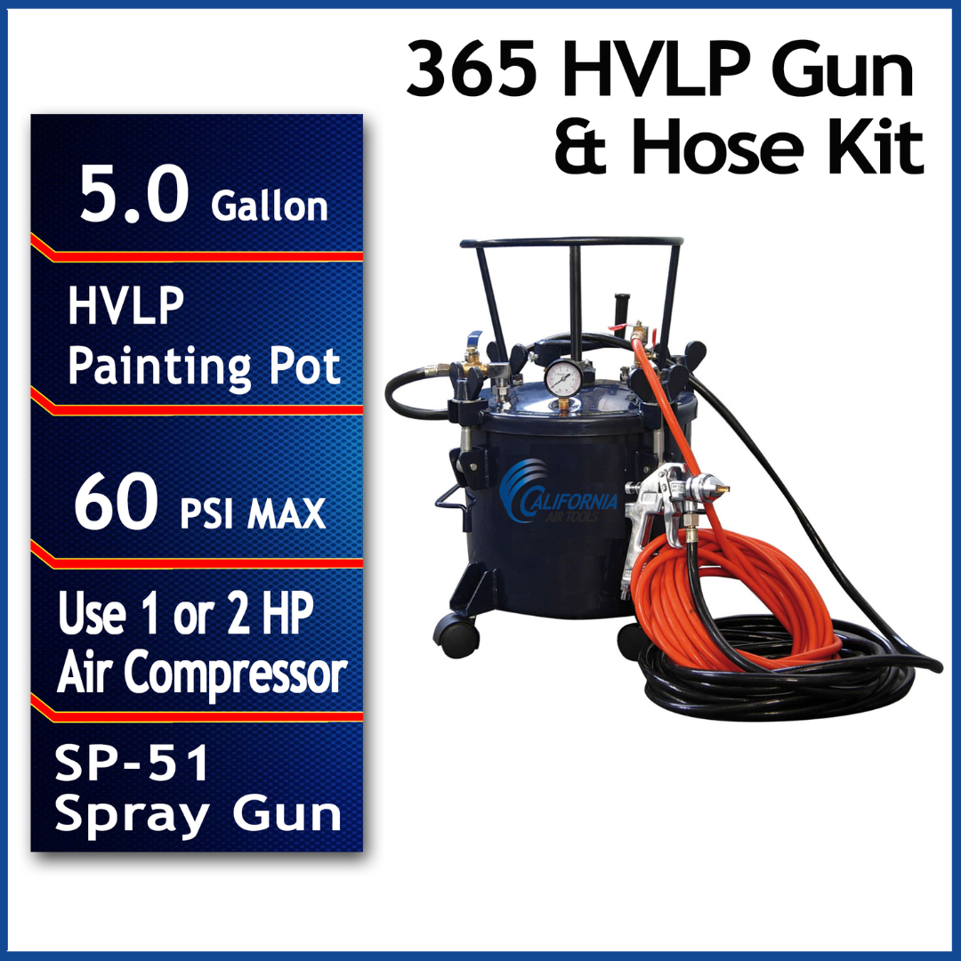 California Air Tools 365 5 Gallon Pressure Pot with HVLP Gun & Hose Kit performance graphic showing 5.0 gallon capacity and 365 HVLP spray gun system