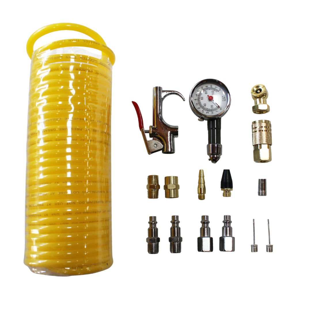 California Air Tools 376 16 Piece Air Hose & Air Tool Accessory Kit complete set showing yellow coiled air hose, blow gun, pressure gauge, fittings, and connectors