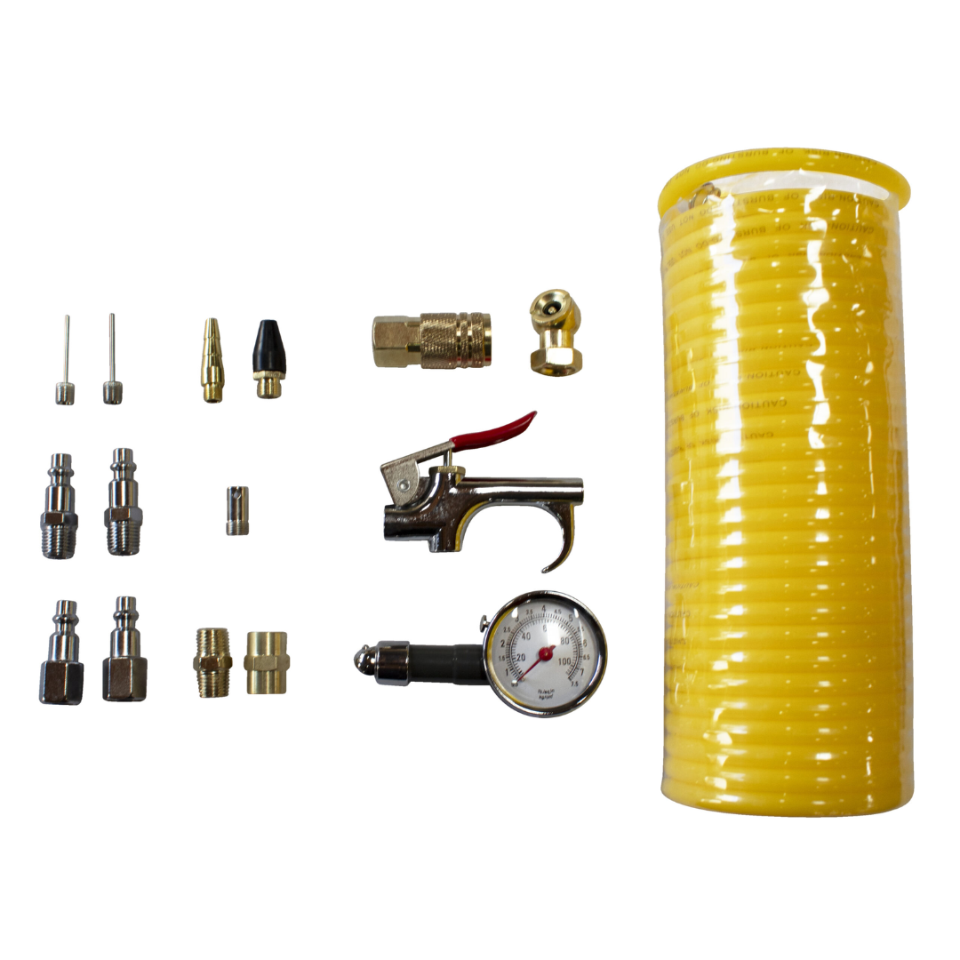 California Air Tools 376 16 Piece Air Hose & Air Tool Accessory Kit layout showing coiled hose, quick connect fittings, couplers, and inflation tools